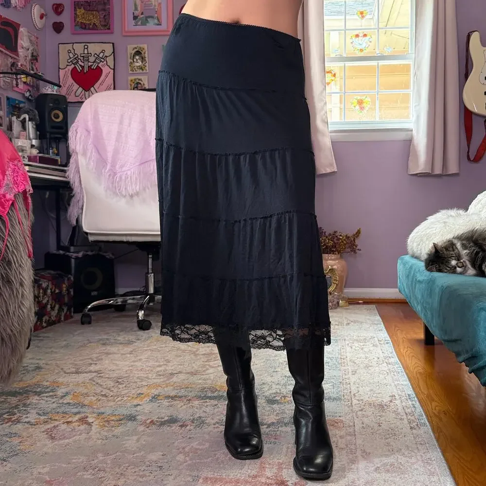 Vintage Y2K whimsigoth black tiered midi skirt